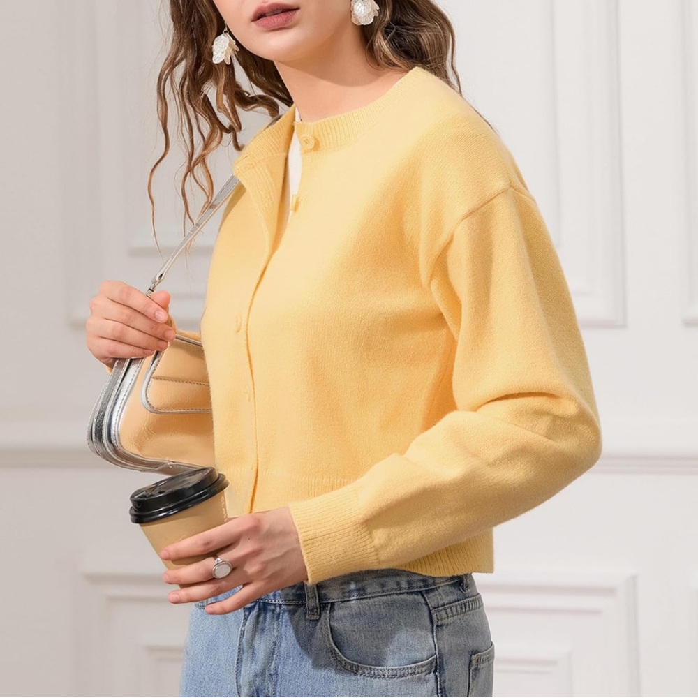NWOT Butter Yellow High Neckline Cardigan with Front Button Closure from Amazon